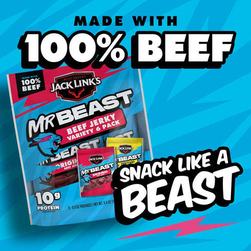 Pack (6 Pack) 0.9 oz 10g 100% 6 Count Jack Link's x MrBeast Beef Jerky, Original & Teriyaki Beef Jerky Variety - Bags