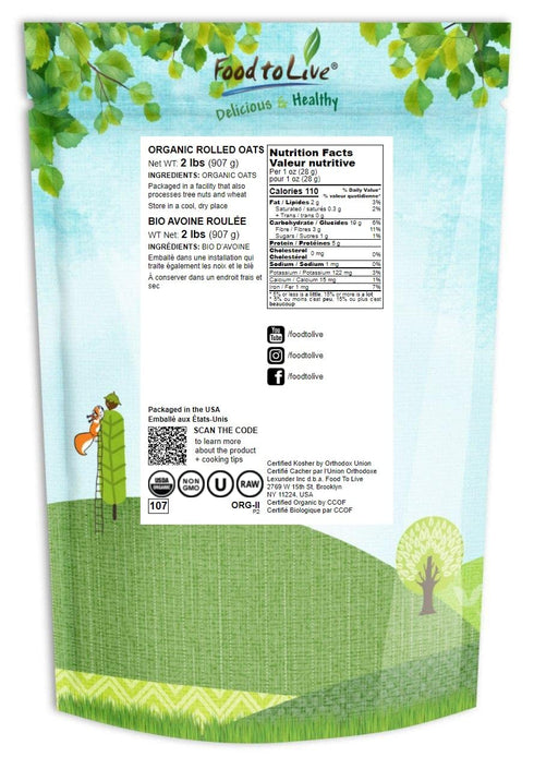 2 100% Food to Live Organic Rolled Oats, Pounds Old-Fashioned, Whole Grain, Non-GMO, Raw, Kosher, Bulk Oats. Perfect