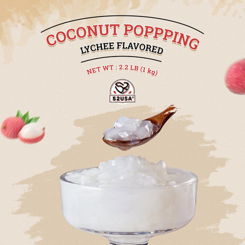 52USA 1kg (2.2 lbs) Lychee Flavored Coconut Jelly Topping for Desserts and Boba Tea, Premium Coconut Gel Strip