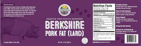 Cornhusker Kitchen 14oz Gourmet Premium Rendered Edible Berkshire Pork Fat (lard) Animal Cooking Oil Jar - Shelf Stable