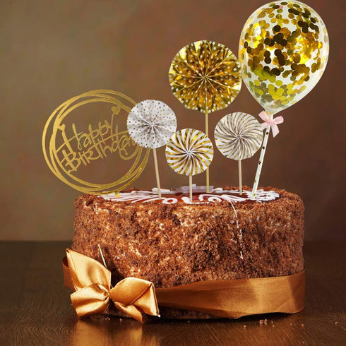 DIYASY Gold Happy Birthday Cake Topper Kit, 6 Pcs Confetti Balloon Paper Fans Acrylic Cake Toppers