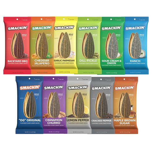 SMACKIN' Sunflower Seeds, Roasted Jumbo Small-Batch, American Made - Variety, 1.5oz bags