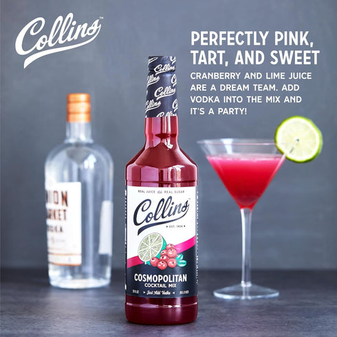 32 oz Collins Cosmopolitan Mix, Made With Real Cranberry Juice, Lime Juice, with Natural Flavors, Cosmo Cocktail Mixer