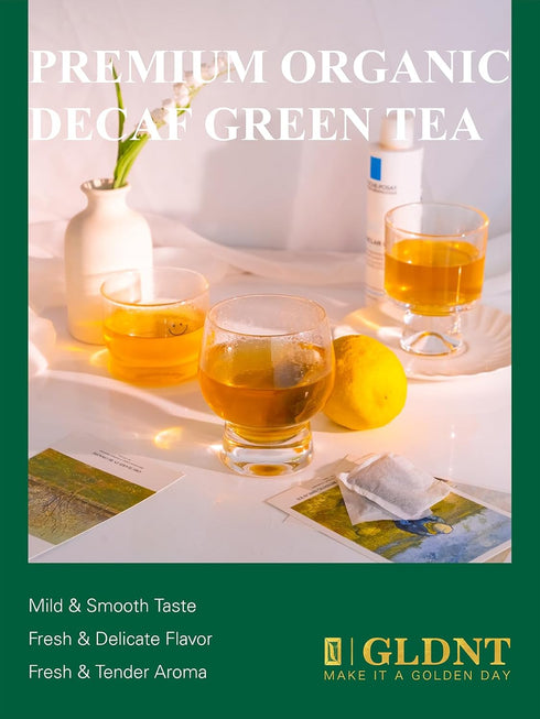 100 Count GLDNT Organic Decaf Green Tea Bags, Organic Green Tea Decaffeinated, Smooth Flavor, Super Antioxidant, Iced