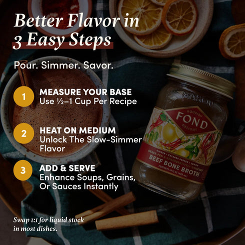 Slow-Simmered 14 oz (4-Pack) FOND Regenerative Grass Fed Beef Bone Broth Infused with Organic Ginger & Cayenne Beef
