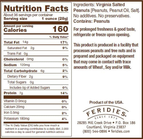 36 Oz FERIDIES Extra Large Gourmet Virginia Salted Peanuts, Cooked in Pure Peanut Oil, No Preservatives, Non-Gmo