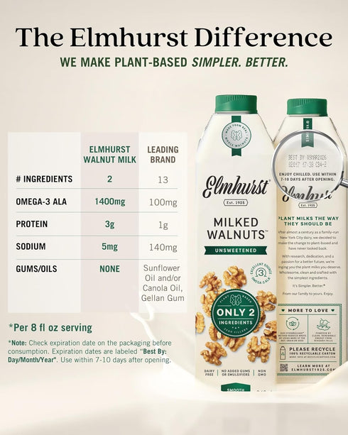1925 32 (Pack 6) Elmhurst Unsweetened Walnut Milk - Ounce of Dairy-Free, Gluten-Free, Vegan, Kosher, Shelf Stable Milk