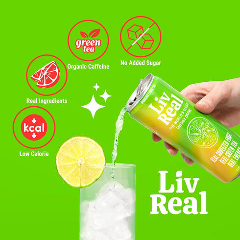 125mg 100mg Pack 12 Pack, 12 oz LivReal Clean Energy Drink Organic Green Tea Caffeine + L-Theanine Real Fruit, No