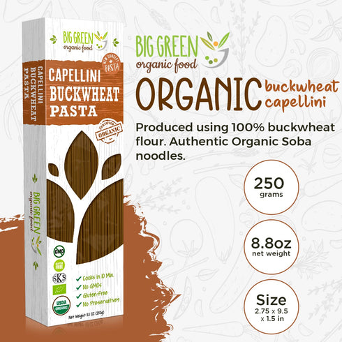 Big Green Organic Food Organic Buckwheat Capellini, 8.8oz, Gluten-Free, Non-GMO, 100% Buckwheat (1 Pack)