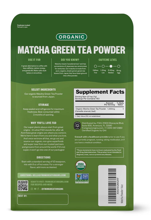 16oz Packaging (Pack 1) FGO Organic Matcha Green Tea Powder, Japanese Culinary Grade for Cooking, Baking, or Smoothies