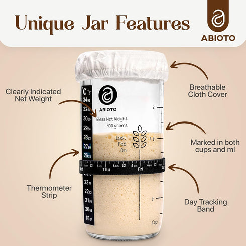 24 oz ABIOTO Sourdough Starter Kit, Includes Sourdough Starter Jar with Metallic Lid, Silicone Spatula, Feeding