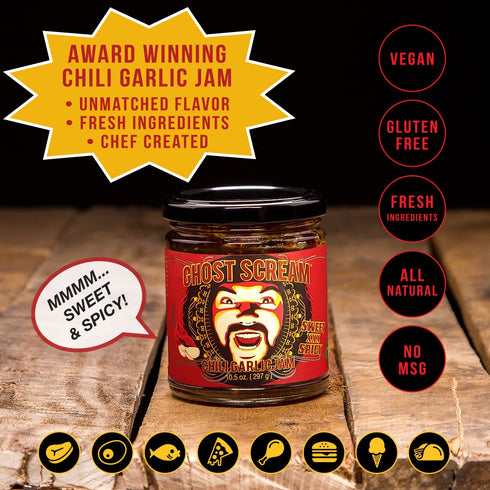Ghost Scream Hot Sauce - “Chili Garlic Jam” (Sweet, Spicy & Smoky) - This Award Winning Recipe (from a World Renowned Chef) Combines Fresh Ghost Chili Peppers, Fiery Red Jalapenos & Garlic. (10.5 Oz.)