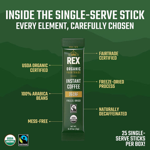 100 Packs Rex Coffee Organic Fairtrade Natural Decaf Freeze-Dried Instant Sticks Naturally Decaffeinated Arabica