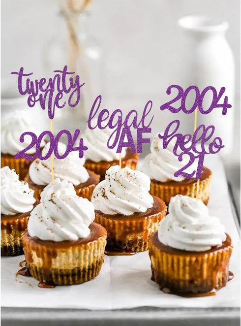 24 Pcs Glitter Cupcake Toppers for Celebrating 21st Birthday Party Decorations (Purple Glitter)