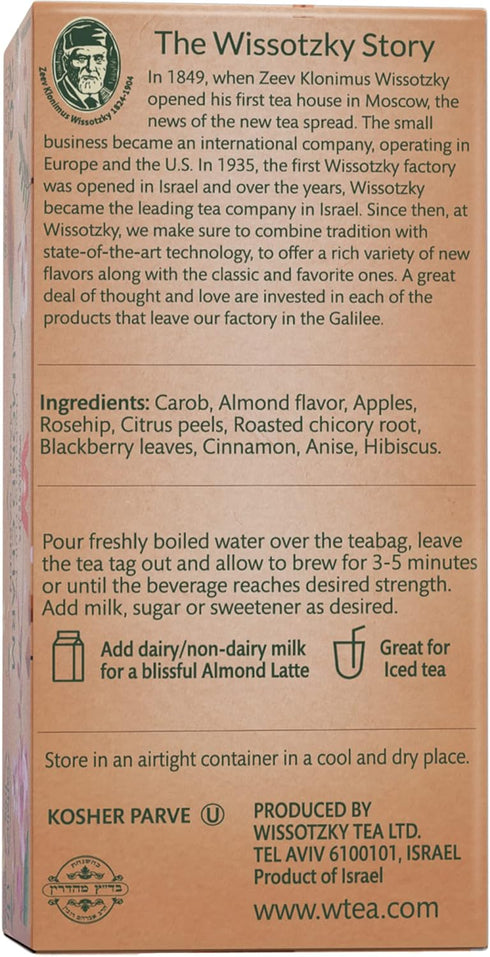 Wissotzky Almond Charm Tea Bags - 4 Pack with 20 Bags Each, Caffeine Free Premium Fruit & Herbal Tea