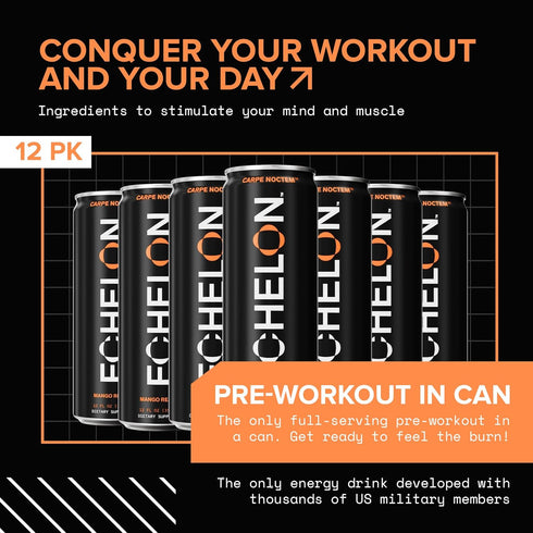 12-Pack, 300mg Echelon Pre-Workout Energy Drink - Mango Reaper - Peak Performance, Sustained Energy, Focus