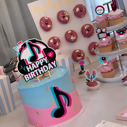 25Pcs Tik Happy Birthday Cake Toppers - Musical Tik Cupcake Toppers for Girl's Karaoke Themed Party Supplies, Music