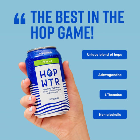 12 Pack, 12 oz HOP WTR Sparkling Hop Water, Classic Sugar Free, Low Carb Non Alcoholic Drinks, NA Beer, Adaptogen