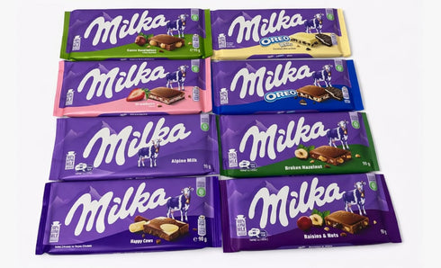 Pack 8 Milka European Chocolate Bars Variety of Full Size Bars, No Duplicate Chocolate