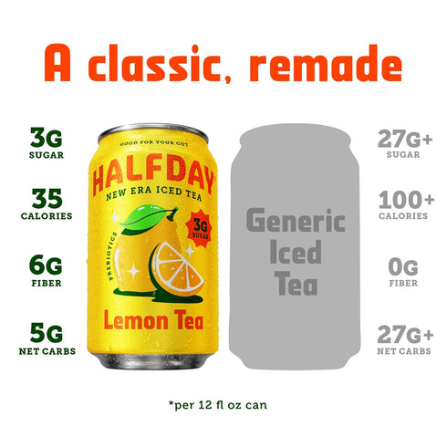 12 Oz Halfday, Prebiotic Lemon Iced Tea, Fl Can