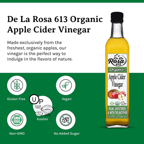 16.9 Oz (Pack 2) De La Rosa Organic Apple Cider Vinegar, Raw & Unfiltered, Kosher for Passover, Vegan & Gluten Free