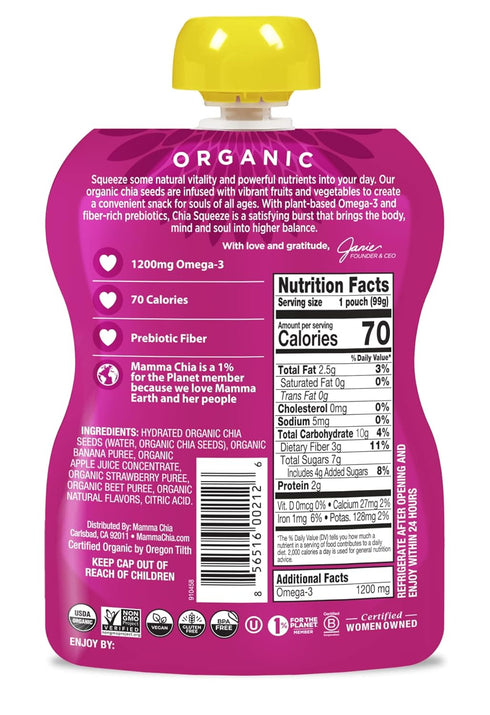 Mamma 24- 3.05 70 Chia Organic Vitality Squeeze Snack, Strawberry Banana, Ounce Chia Pouches. USDA Organic, Non-GMO