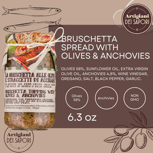 6.3 oz, ARTIGIANI DEI SAPORI - Bruschetta Spread with Olives & Anchovies, Premium Italian Appetizer, Bruschetta Topping