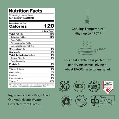 16.4 Oz (Pack 2), 100% Whole30, Fresh Press Farms Cold Pressed High Heat Extra Virgin Olive Oil for Pan Frying