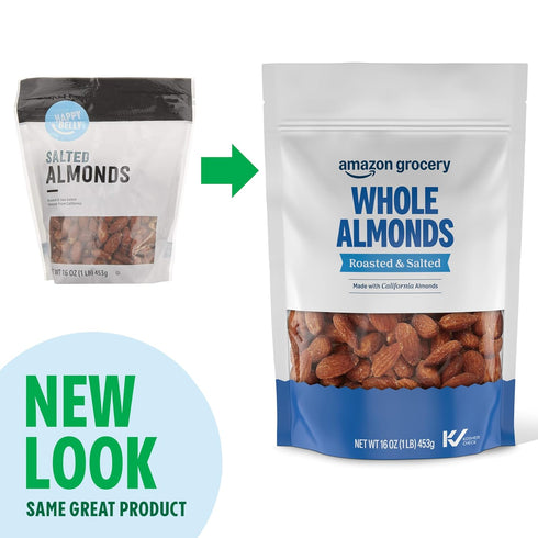 16 Oz Packaging Amazon Grocery, Whole Almonds, Roasted & Salted, (Previously Happy Belly, May Vary)