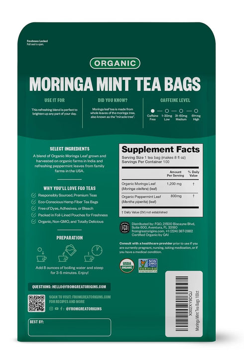 FGO Organic Moringa Mint Tea, 100 Count, Eco-Conscious Herbal Tea Bags, Caffeine Free, Resealable Bag (Pack of 1)