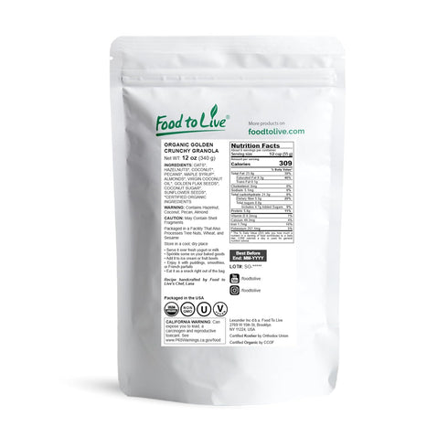 12 Food to Live Organic Golden Crunchy Granola, Ounces - Small Batch, Handcrafted, Bulk, Great as Snack for Breakfast