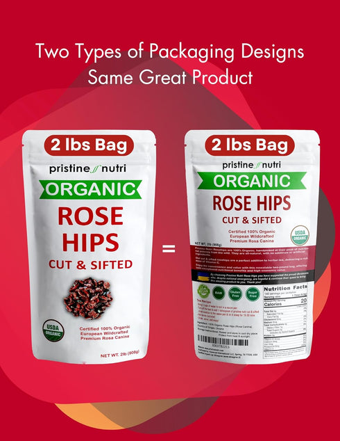 2 lb (32 oz) 100% 95% 140 (Packaging USDA Organic Rose Hips Dried Bulk, Rosehips Cut & Sifted Shells, Seedless