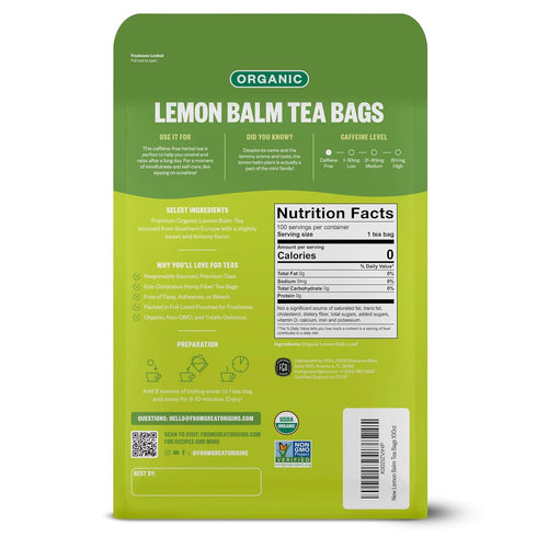 100 Count, Packaging (Pack 1) FGO Organic Lemon Balm Tea, Eco-Conscious Herbal Tea Bags, Resealable Bag, Caffeine Free