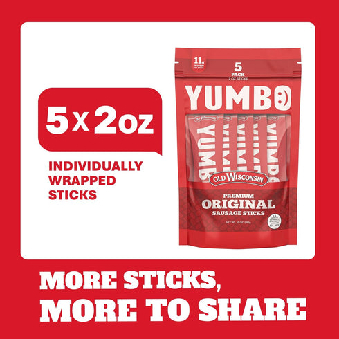 Summer 2 oz 5 Count Pack YUMBO Original Sausage Sticks, High Protein Snacks, Gluten-Free, Low Carb, Keto, Ready-to-Eat