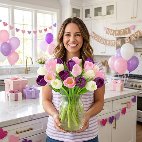 (20 Benchmark Bouquets Seasonal Tulip Mix Mothers Day Flowers for Delivery Fresh Cut Tulips for Mom Pink White Purple