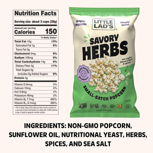 6.0 Oz (Pack 3) Little Lads Healthy Popcorn (Savory Herbs) - Vegan, Gluten-Free, Non-GMO Herb & Spice Blend Popcorn