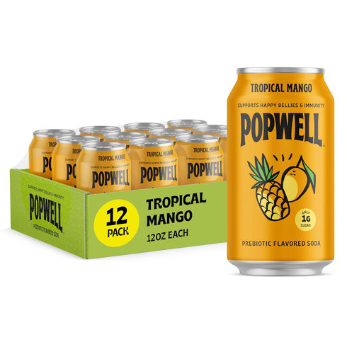 Popwell Tropical Mango Better-For-You Prebiotic Soda, with 6g Fiber, 1g Sugar, Vitamins