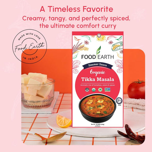 Simmer 12 (5.29 oz Food Earth Indian Sauce Tikka Masala Organic, Vegan, Gluten-Free, GMO-Free Microwavable Cooking