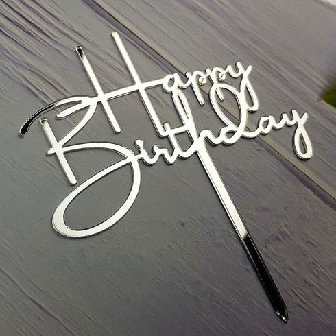 Happy Birthday Cake Topper for Party Decorations - Mirror Silver Acrylic