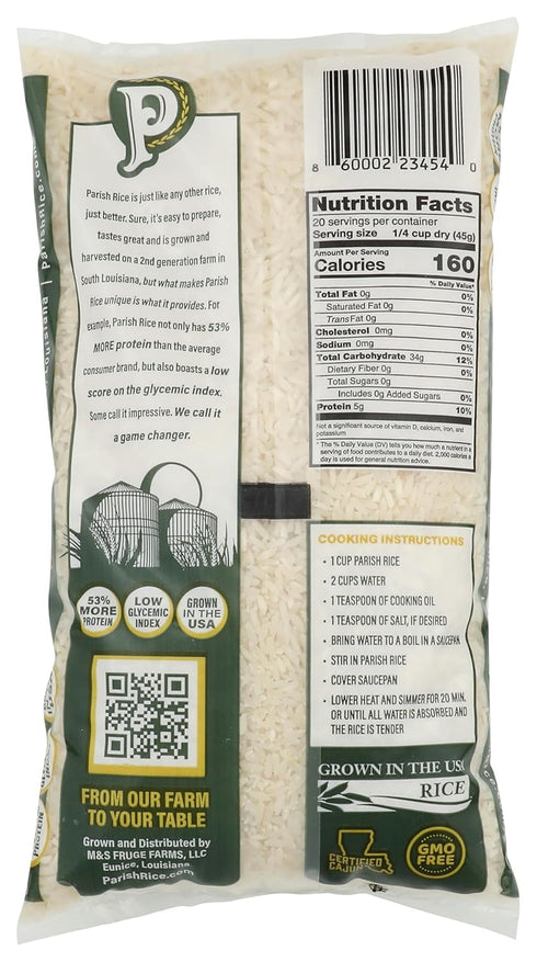2lb Parish White Rice High-Protein Rice with Low Glycemic Index Locally Grown Long-Grain White Rice Made in the USA