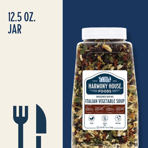 (12.5 oz. Harmony House Italian Vegetable Soup Mix Gluten Free, Low Sodium, For Cooking, Camping, Emergency Supply