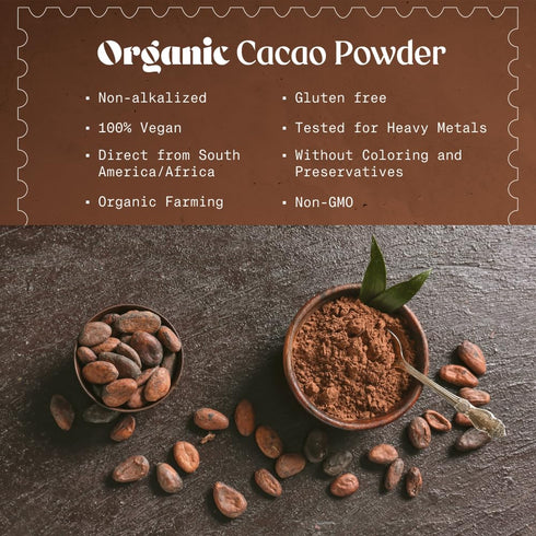 35oz. NaturaleBio Cacao Powder Organic Unsweetened, Non-Alkalized and Pure. Cocoa Powder Substitute with Rich Dark