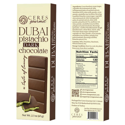 2.3 oz (65g) Ceres Gourmet Dubai Dark Chocolate Bar with Pistachio Cream and Kataifi, Gourmet Bitter Chocolate Candy