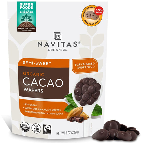 Navitas Organics Semi-sweet Cacao Wafers 60% Cocoa Dark Chocolate for Baking &