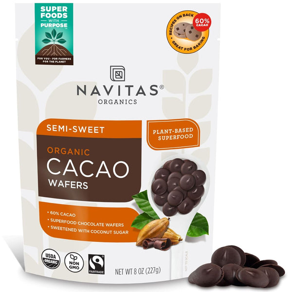 Navitas Organics Semi-sweet Cacao Wafers 60% Cocoa Dark Chocolate for Baking &