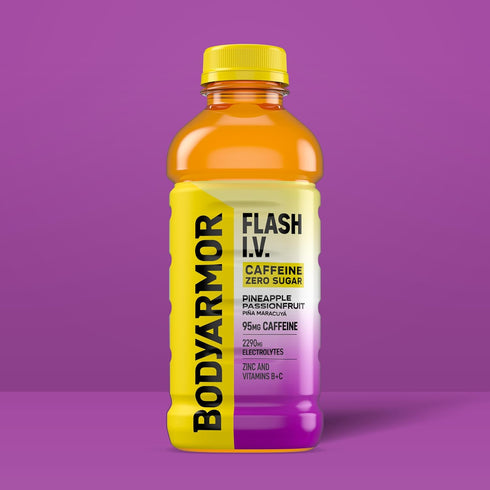 20 Oz (Pack 12) BODYARMOR Flash I.V. Zero Sugar + Caffeine, Pineapple Passionfruit Electrolyte Beverage, Hydration