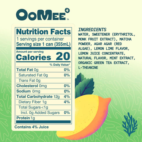 12oz 4Pack OoMee Fruity Matcha Drink | Lemon & Mint | FruitInfused, PlantBased Vegan Beverage with Sustained Energy