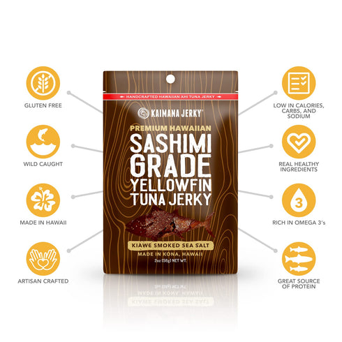 2 3's, Kaimana Ahi Tuna Jerky Kiawe Smoked Sea Salt Ounce - Soft and Tasty - Premium Fish Jerky Made in the USA. High