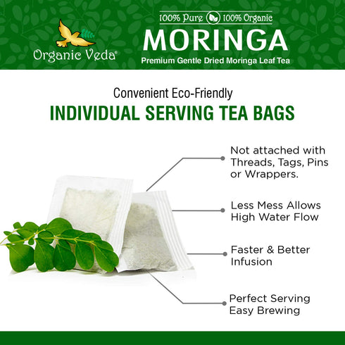 Organic Veda Moringa Tea Bags - 100% Pure Organically Grown Moringa Powder, Rich in Vitamins, 60 Tea Bags