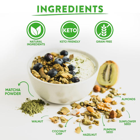 11 oz (1 Pack) Andes Secret Matcha Powder Granola - Almonds, Hazelnuts - Keto High Protein Granola with No Sugar, Grain